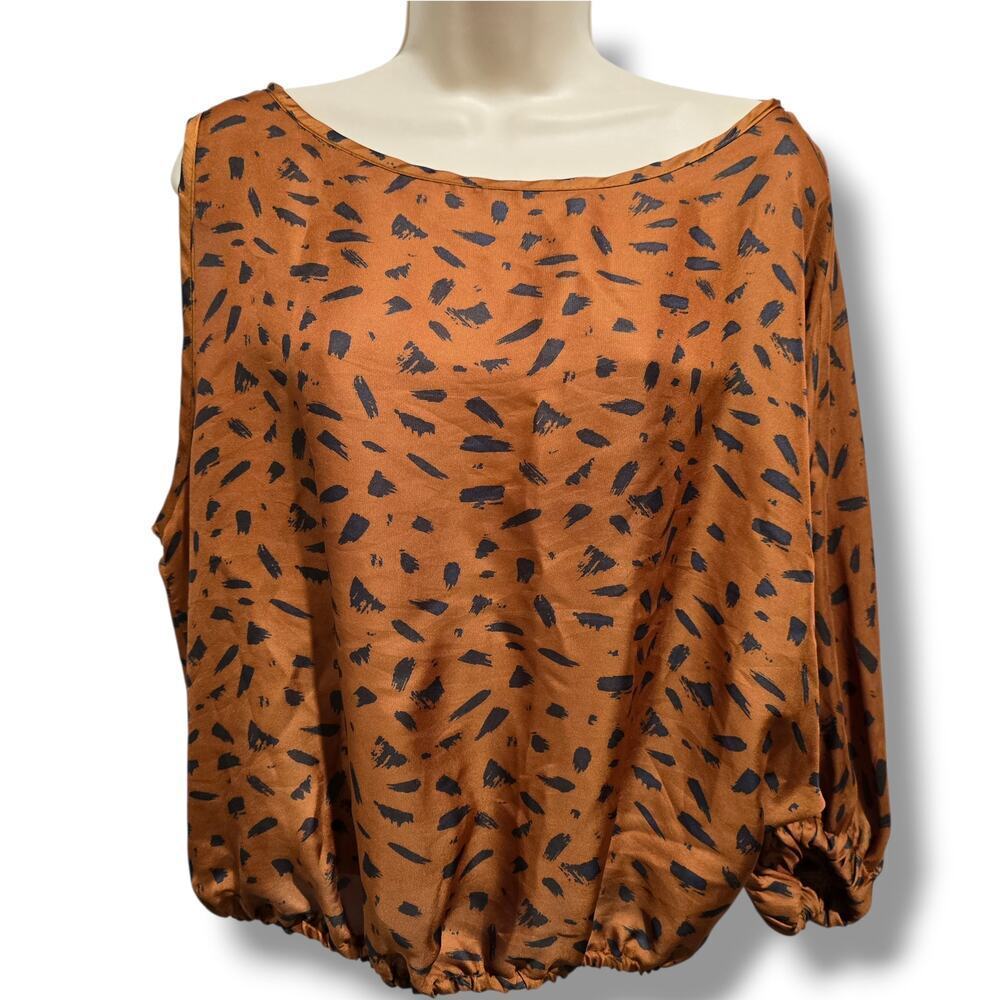 Tyche Women’s Asymmetrical Blouse – One-Sleeve Bubble Hem Abstract Print Top